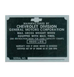 Door Post ID Plate.  1950.  Chevrolet