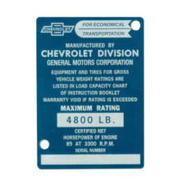 Door Post ID Plate.  1953.  Chevrolet