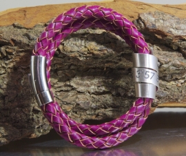 Bracelet personnalisé gravé en ARGENT et cuir framboise, bracelet cordon personnalisé