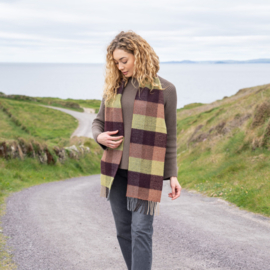 2436 John Hanly Merino/Cashmere sjaal Gestreept aardetinten Groen/Bordeaux