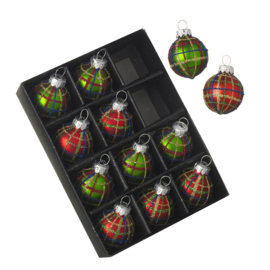 Glazen mini  kerstballetjes geruit (als Piek), set van 12