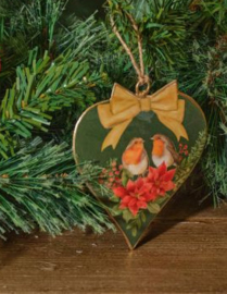 Metalen hart met Kerstster en 2 Roodborstjes
