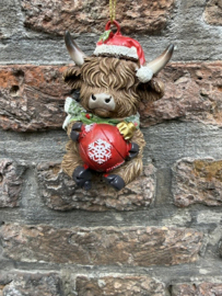 Kleine Schotse Hooglander met rode kerstbal