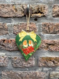Metalen hart met Kerstster en 2 Roodborstjes