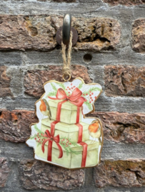 Metaal hanger Roodborstjes met cadeautjes