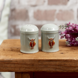 Saliegroene Peper & Zout setje met Highland cow, reliëf