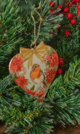Metalen hart met Kerstster en Roodborstje