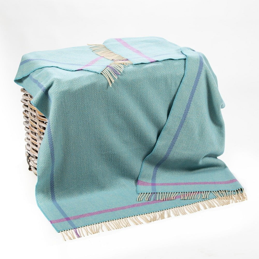 Merino/Cashmere Turquoise met streep Visgraat plaid