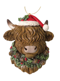 Schotse Hooglander met Kerstmuts en krans