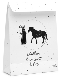 Sinterklaas cadeauzakje wit met zwart patroon tekst 'Welkom lieve Sint en piet' - met bodem