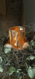 Waxinelichthouder glas met veertjes