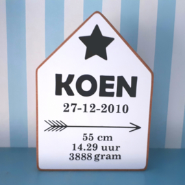 Houten Huisje met Geboortegegevens Klein 9.5x13cm