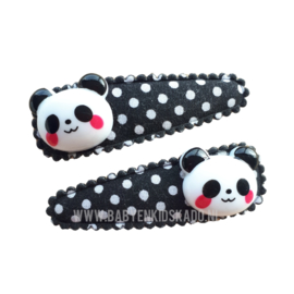 Haarspeldjes Panda's op een klikklak speldje zwart met witte stippen | 5cm