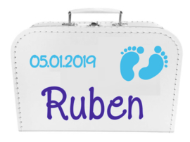 Kinder Koffertje met naam, geboortedatum en babyvoetjes model Ruben, 25cm