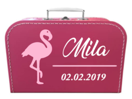 Kinder Koffertje met naam, geboortedatum en Flamingo model Mila, 25cm