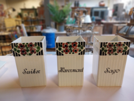 Set van 3 oude vintage voorraadpotten suiker, havermout, sago