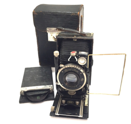 Zeiss Ikon Compur 6 x9 cm platen camera uit ca.1927 met Dominat Anastigmat 1:4.5 F=10.5 lens met 4 platenhouders/cassette en tas, sluiter werkt prima