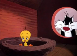 K.167 --16mm-- Silvester/Tweety I Thougt i sam a pussy cat, Warner Bros, kleur Engels gesproken, heeft lichte rode gloed maar veel rest kleuren en prima te draaien,speelduur 7 minuten compleet op kern