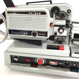 Nr.8888 -- Heurtier P6-24 Bi-Film super8/dubbel8 film met geluidsunit, halogeenlamp, deze projector is echt voor de gevorderde filmer, heeft service beurt gehad en werkt naar behoren zowel beeld als geluid,met orginele handleiding