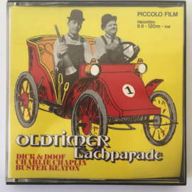 Nr.6952 --Super 8 silent ,,Oldtimer lachparade Chaplin,Laurel&Hardy, Buster Keaton zwartwit 120 meter in orginele doos