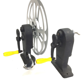 Zware metalen professionele 16mm omspoelers van Newmade Dynamic, geschikt voor 600 meter spoelen, met rem en aan beide zijde heen en terug te spoelen, zware zwarte uitvoering