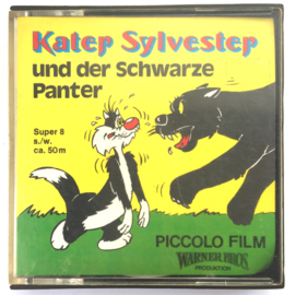 Nr.7571-- Super 8 Kater Sylvester und der scharze panter,  tekenfilm, ongeveer 50 meter, Zwartwit Silent , in orginele doos
