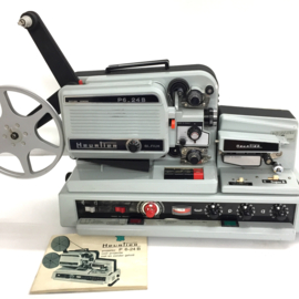 Nr.8888 -- Heurtier P6-24 Bi-Film super8/dubbel8 film met geluidsunit, halogeenlamp, deze projector is echt voor de gevorderde filmer, heeft service beurt gehad en werkt naar behoren zowel beeld als geluid,met orginele handleiding