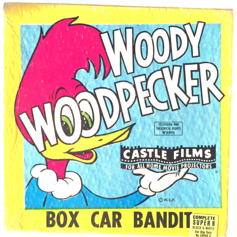 Nr.7157 --super 8 silent--Woody Wood Pecker Box Car Bandit, zwartwit ongeveer 60 meter in orginele doos en op spoel
