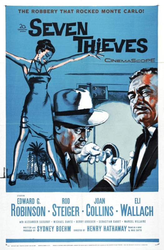 Nr.2234 --16mm--  Seven Thieves (1960)met Edward G. Robinson, Rod Steiger en Joan Collins	Misdaad	speelduur 102 minuten, orgineel zwartwit, mooie copy, Engels gesproken, compleet met begin/end titels op spoel en in doos