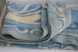 100% wollen deken – helder blauw en roomwit – vintage