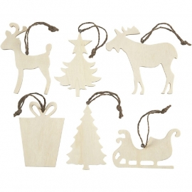 6 Kerst Ornamenten Hout - 7-9 cm