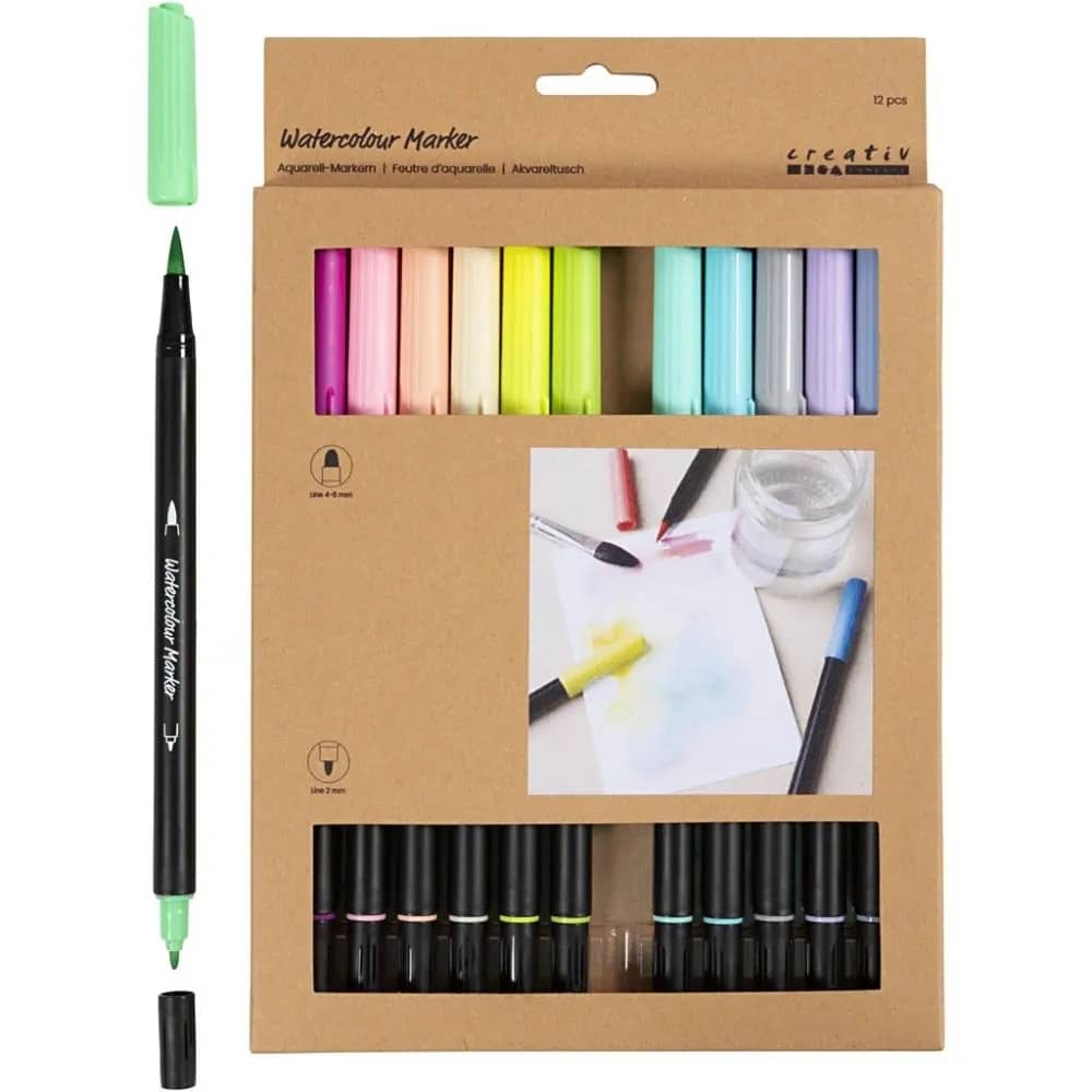 Aquarelmarker - Pastel - Lijndikte 2 + 4-8 mm - 12 st
