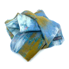 Vilten Sjaal - op Sarizijde -Wit Olijf Zachtblauw - 200 x 40 cm - Fairtrade