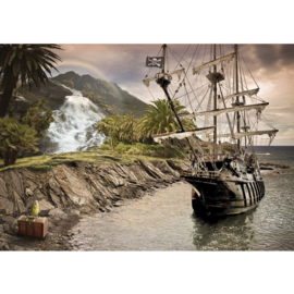 Fotobehang poster 0562 schip zee water waterval berg