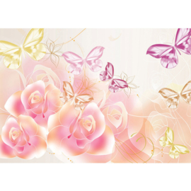 Fotobehang poster 2182 bloemen dieren vlinders rozen roze