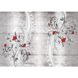 Fotobehang poster 0953 grijs bloemen rood