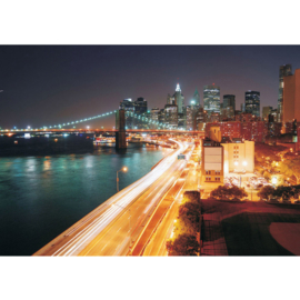 Fotobehang 1111 skyline new york brug nacht blauw