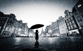 Fotobehang 3570 kind silhouet plein paraplu zwart wit grijs regen