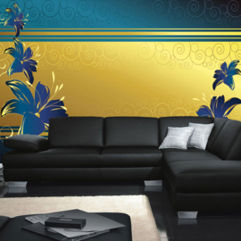 Fotobehang poster 0572 bloemen blauw goud streep patroon
