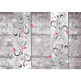 Fotobehang poster 0954 grijs hout bloemen roze