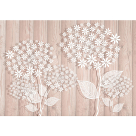 Fotobehang poster 1903 hout beige bloemen wit