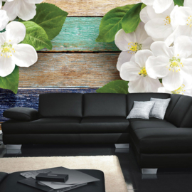 Fotobehang poster 2115 bloemen orchidee planken blauw