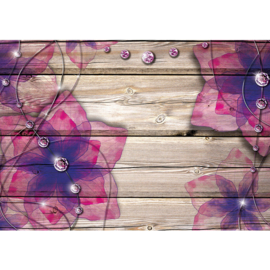 Fotobehang poster 2051hout planken beige bloemen roze paars glitter