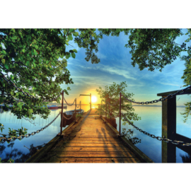 Fotobehang poster 0636 steiger zonsondergang boot water zee boom