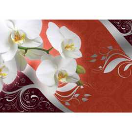 Fotobehang poster 1834 orchidee wit planten bloemen patroon rood oranje
