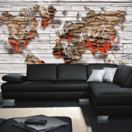Fotobehang poster 2057 wereldkaart hout grijs bruin vuur