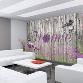 Fotobehang poster 2411  home sweet home vogels meesjes hout