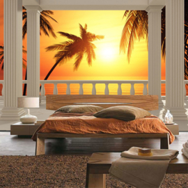 Fotobehang poster 0123 zonsondergang sunset pilaren terras palmbomen