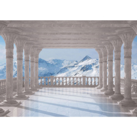 Fotobehang poster 2085 terras uitzicht op bergtoppen met sneeuw