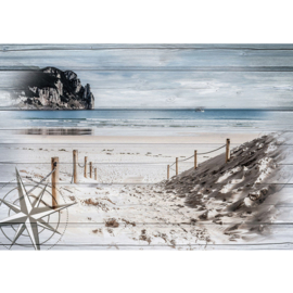 Fotobehang poster 3182 kompas windroos planken hout duinen strand rotsen